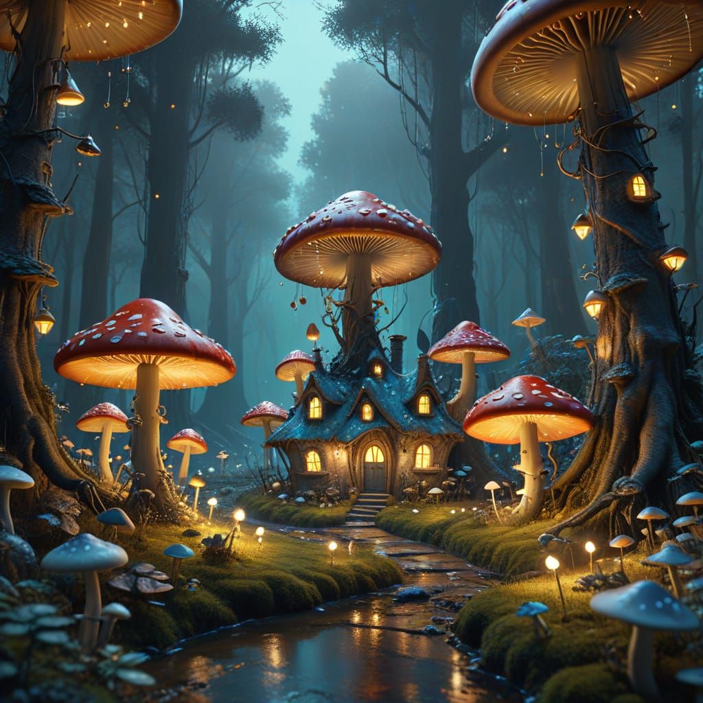 Dreamlike Forest with Glowing Mushroom Homes