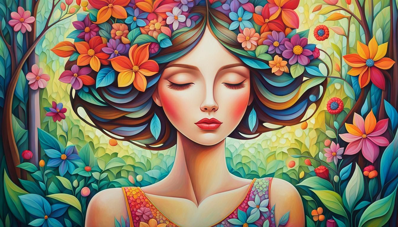 Ethereal Woman in Floral Landscape, Dreamy Painting