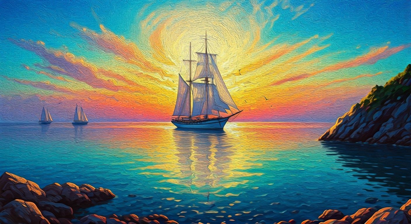 Ethereal Ship on Turquoise Ocean at Sunset