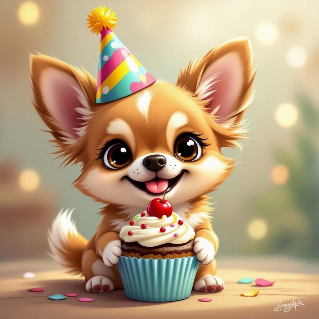 Chihuahua wearing a colorful birthday hat and holding a cupc...