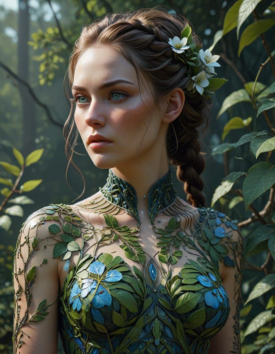 A (((hyper-realistic full-body view))) from the front, featuring a (((beautiful female figure))) whose leaves and flower...