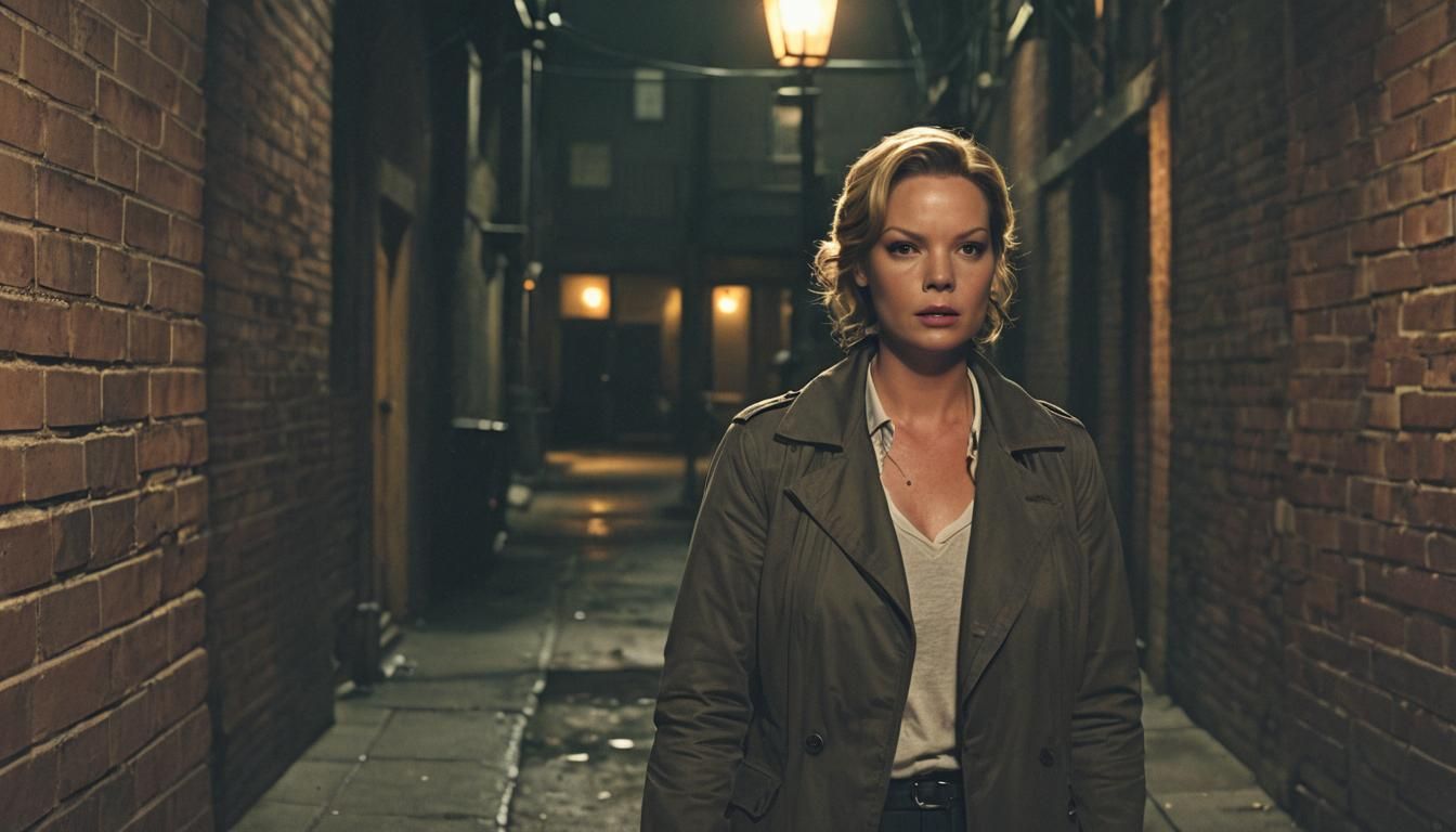 Determined Woman in Gritty Alleyway: Cinematic Film Still