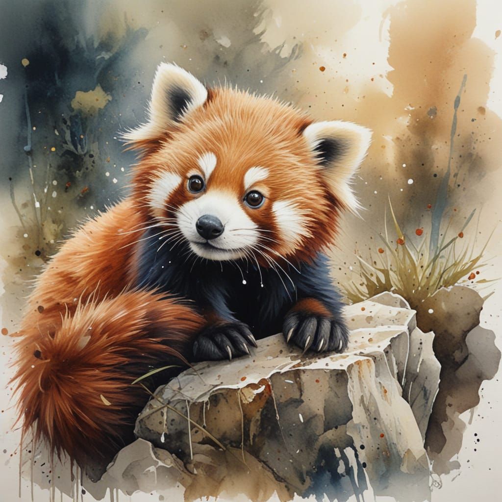 Adorable Red Panda Cub with Blue Eyes in Watercolour