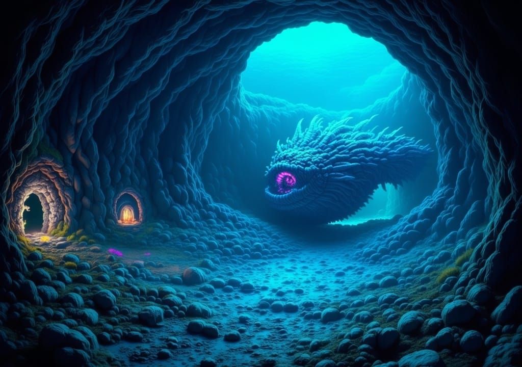 Underwater Cave with Sea Monster in Surreal Style