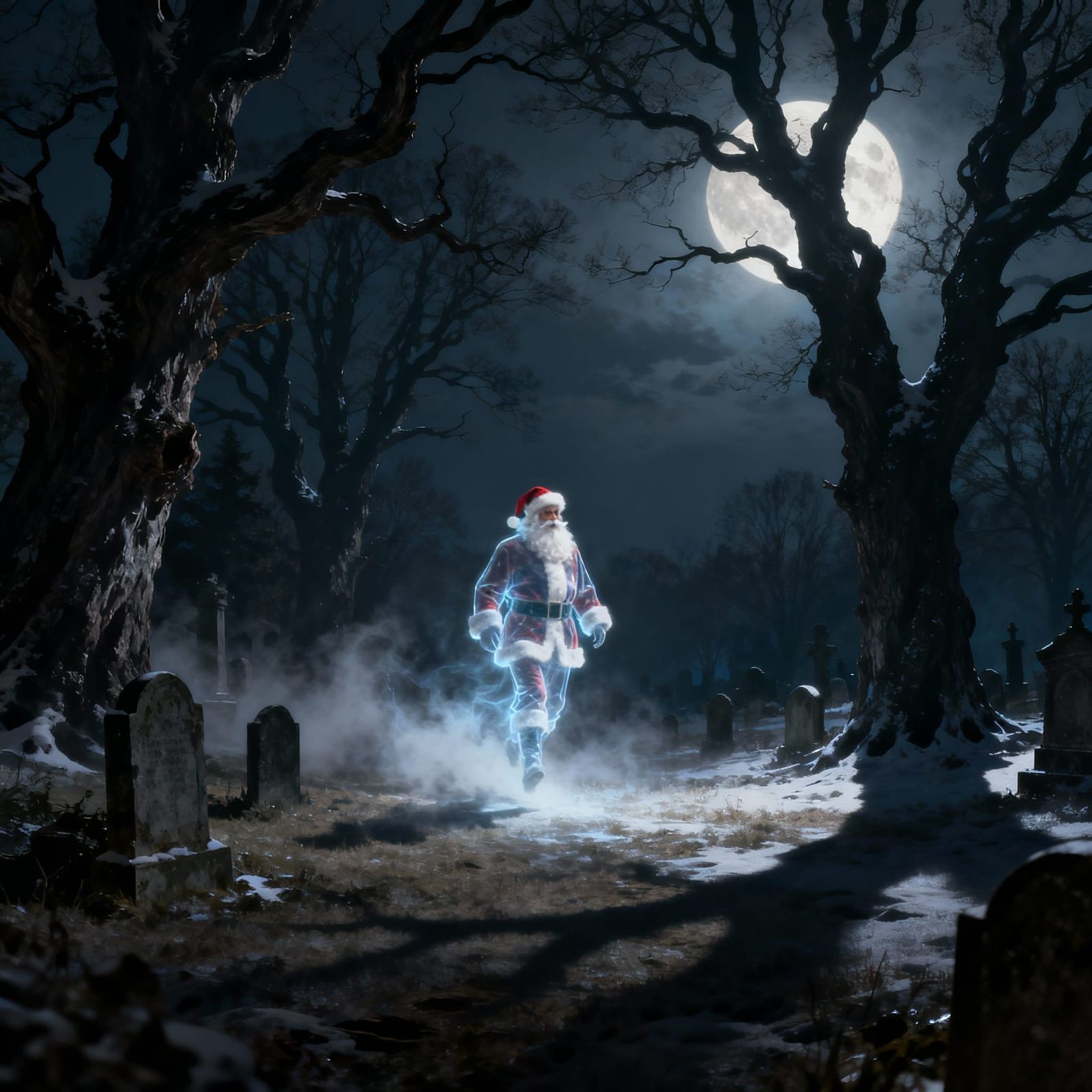 Spectral Santa in Moonlit Graveyard