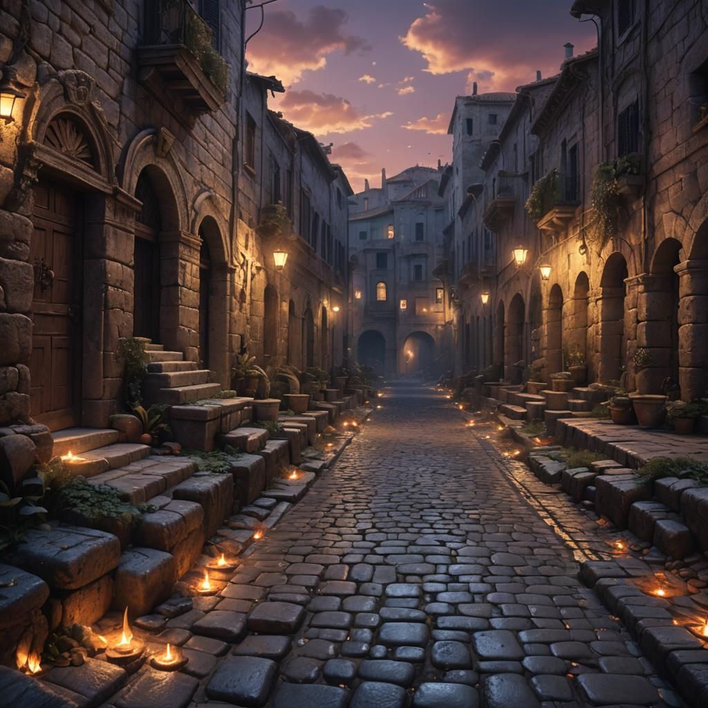 Night Street Scene in Ancient Roman City