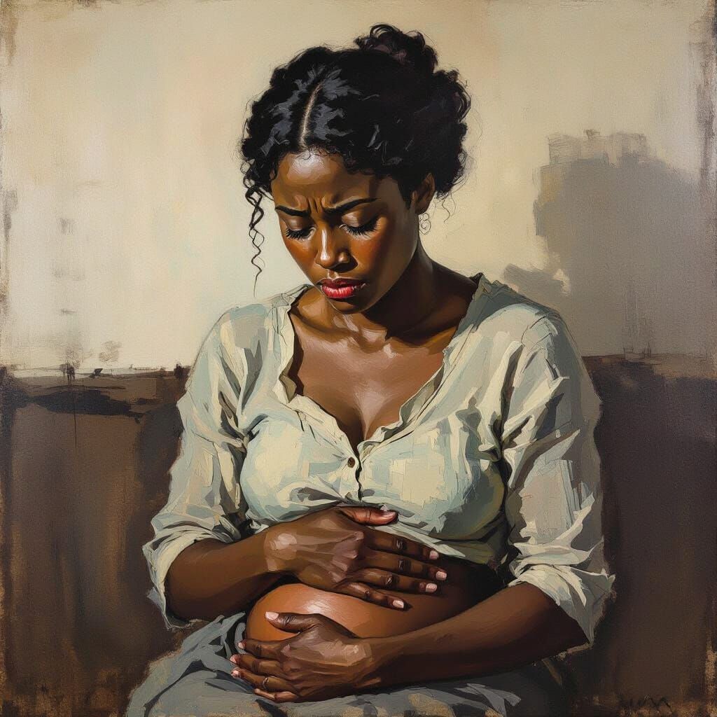 Woman Experiencing Stomach Pain as Expressive Oil Painting