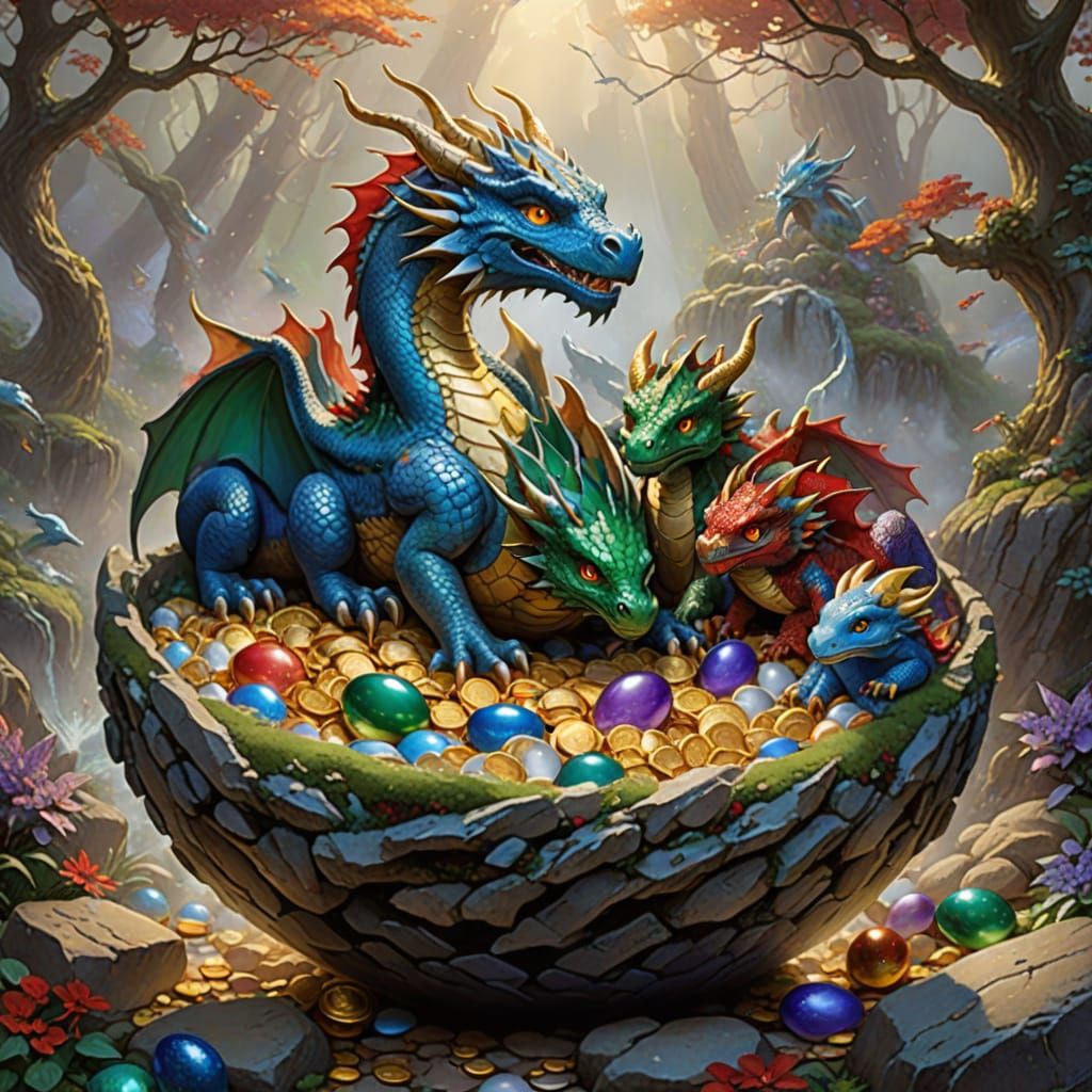 Fantastical Dragons in a Treasure Trove of Gold and Color