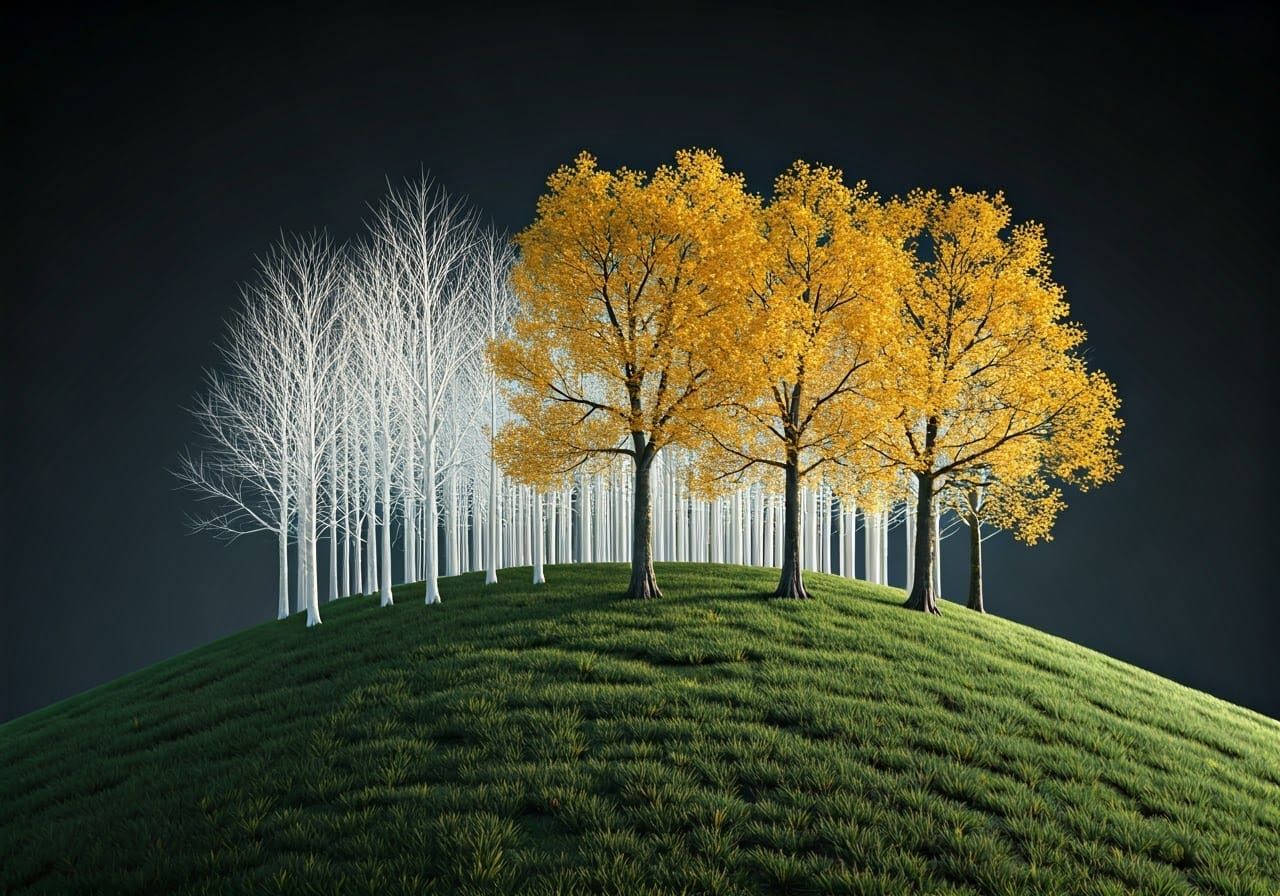 Enchanted Green Mound Crowned with Golden Trees