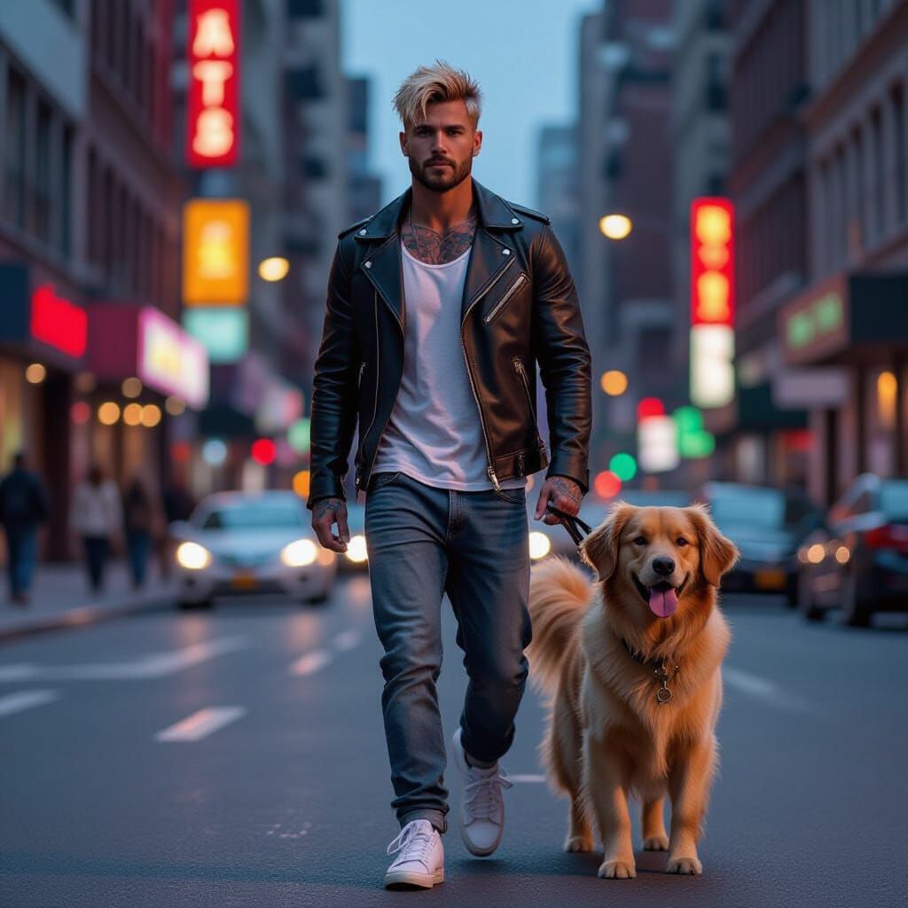 Man and Golden Retriever on Busy City Street at Night