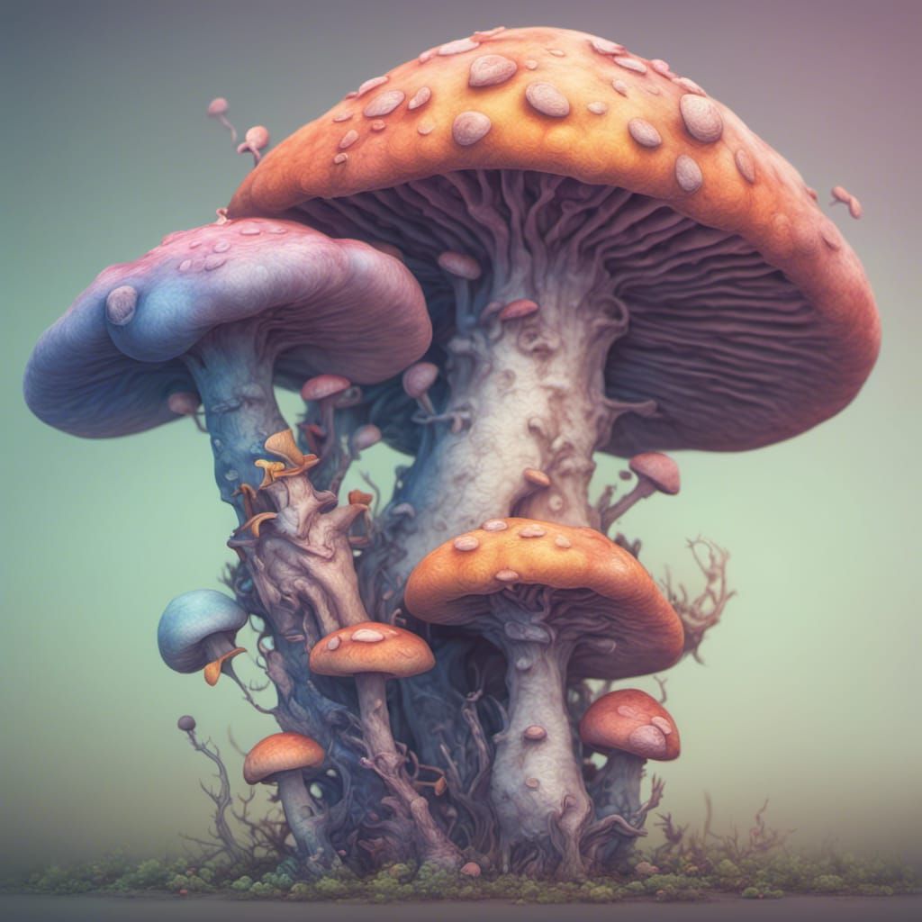 Mushroom People Turning Human in Soft Pastel Hues