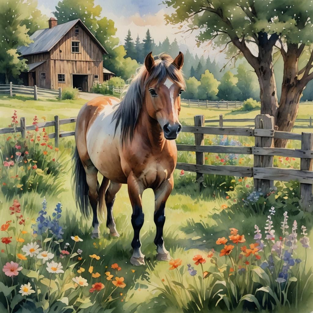 Whimsical Watercolor Pony in Lush Meadow