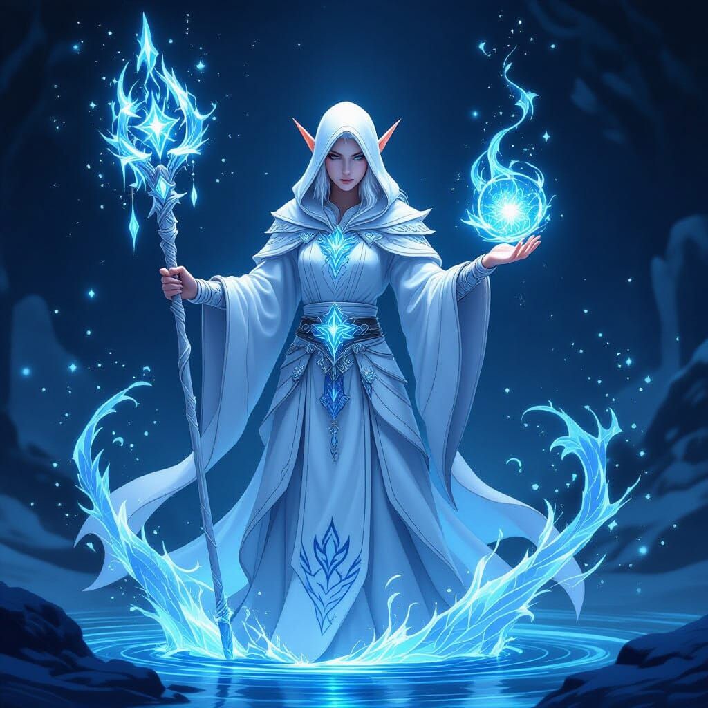 Elf Mage Commands Water and Ice Magic in Ethereal Fantasy Ar...