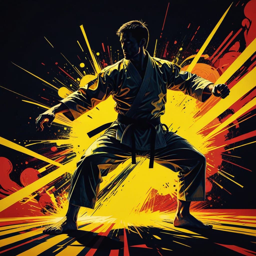 Karate Master Kicks Monster in Pop Art Style