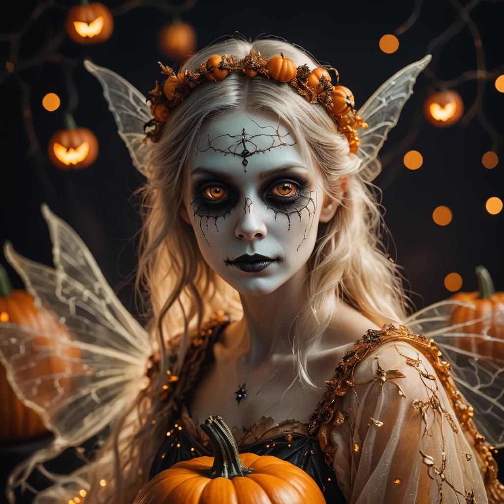 Ethereal Ghost Fairy with Halloween Pumpkin Portrait