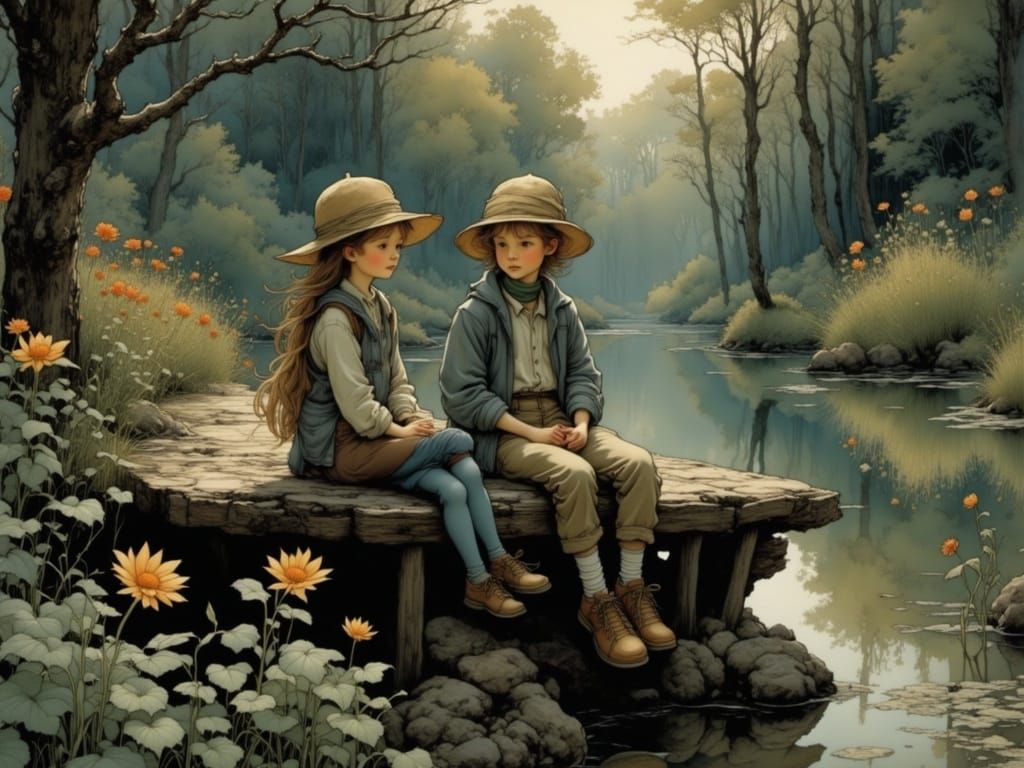 Whimsical Siblings on a Dreamy Lake Jetty