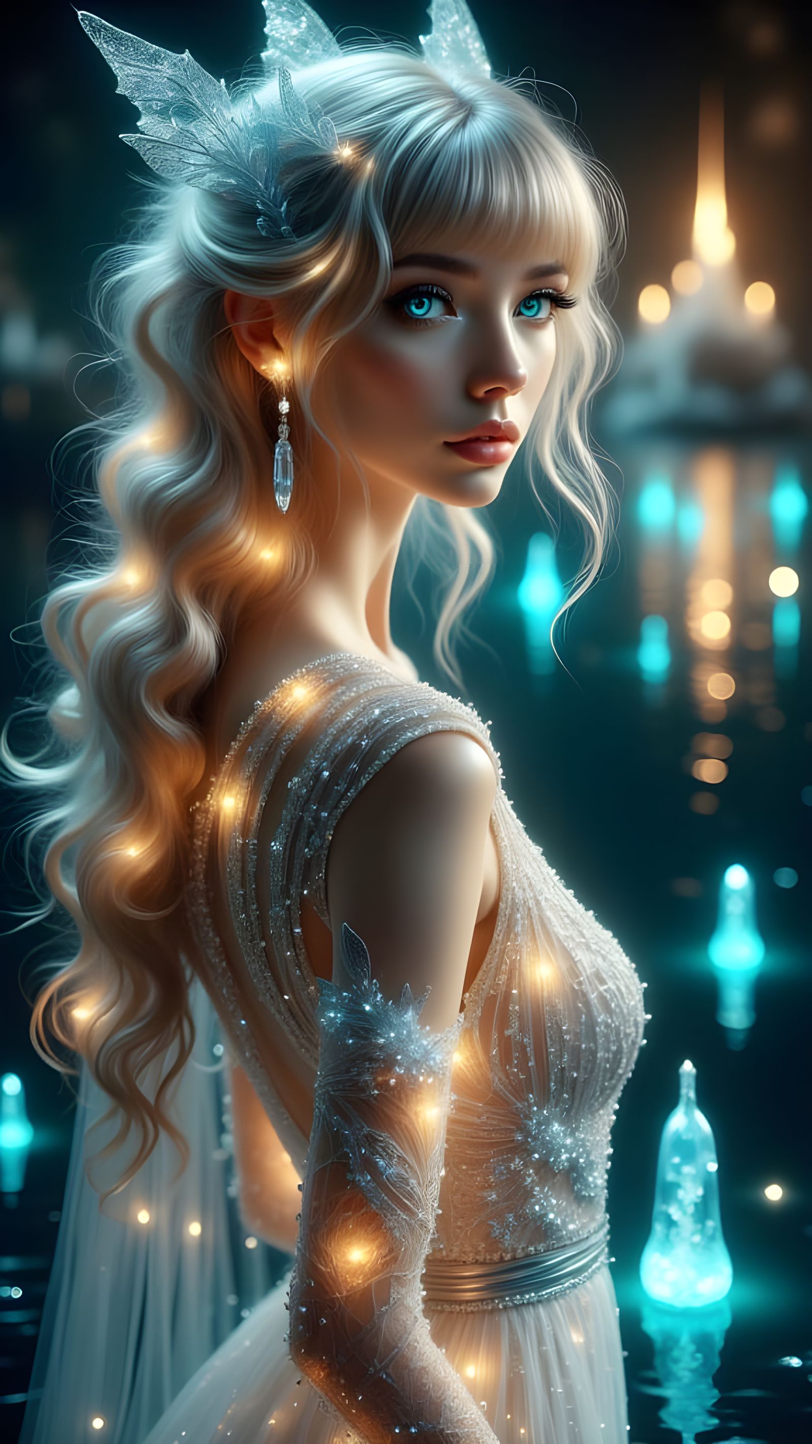 Young woman, sparkling silver dress, wavy long hair, bangs, ...