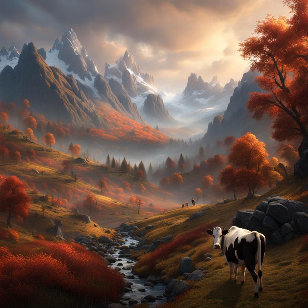 Hyperrealistic Autumnal Mountain Landscape with Cow