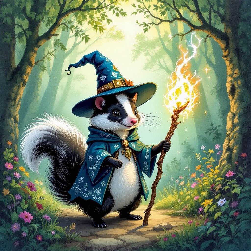 Mystical Skunk Mage in Enchanted Forest, Gouache Painting