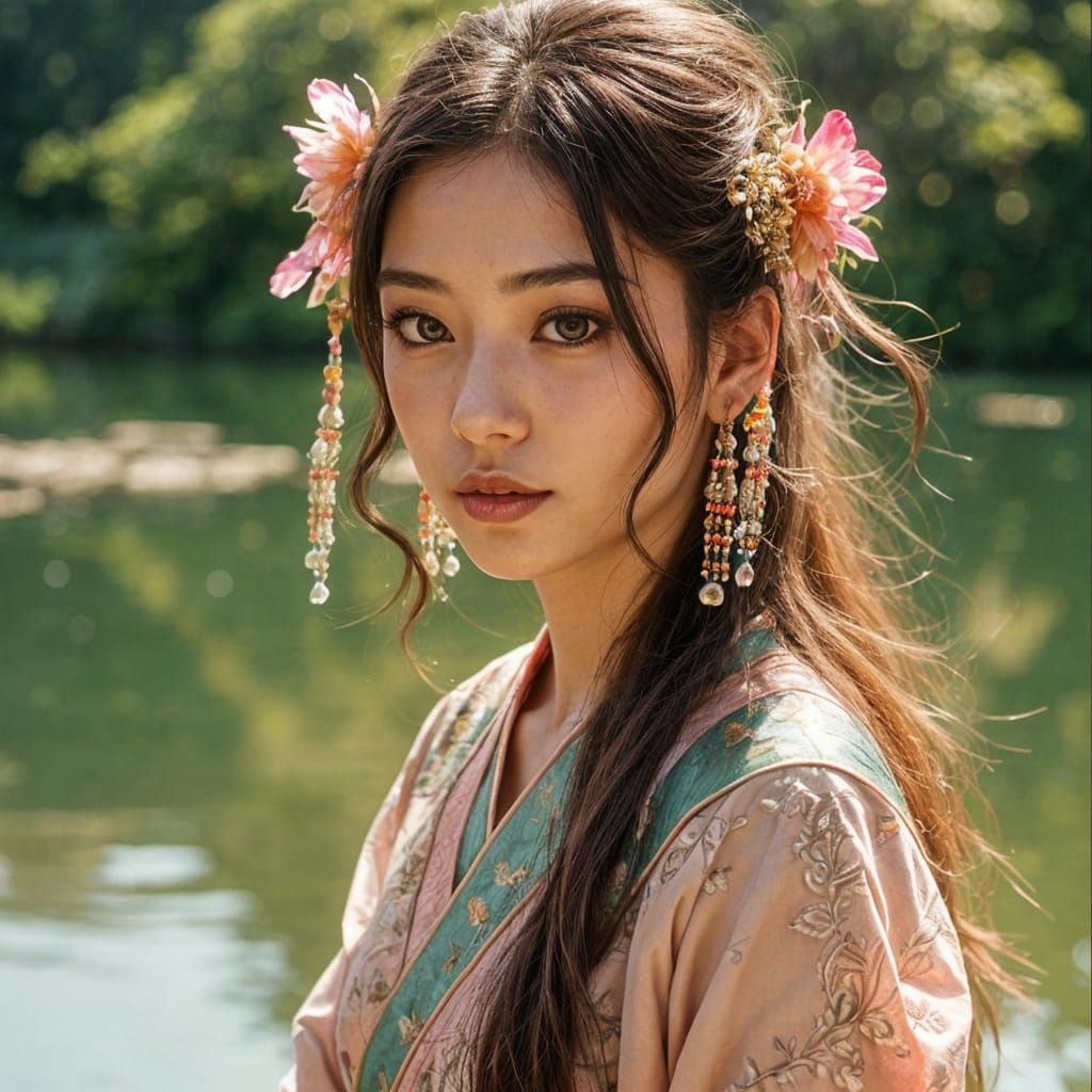 Fantasy Chinese Princess in Pink with Jade and Coral Adornme...