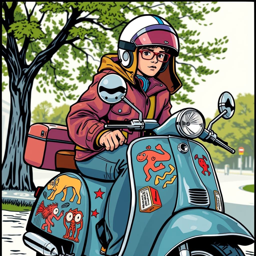 Mod wearing a parka on a mod scooter wrapped in "bits of kid...