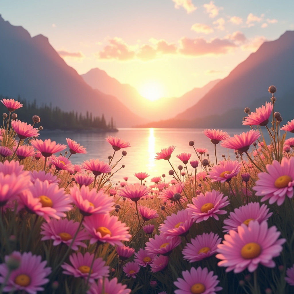 Pink Daisies Field at Sunset: Digital Art