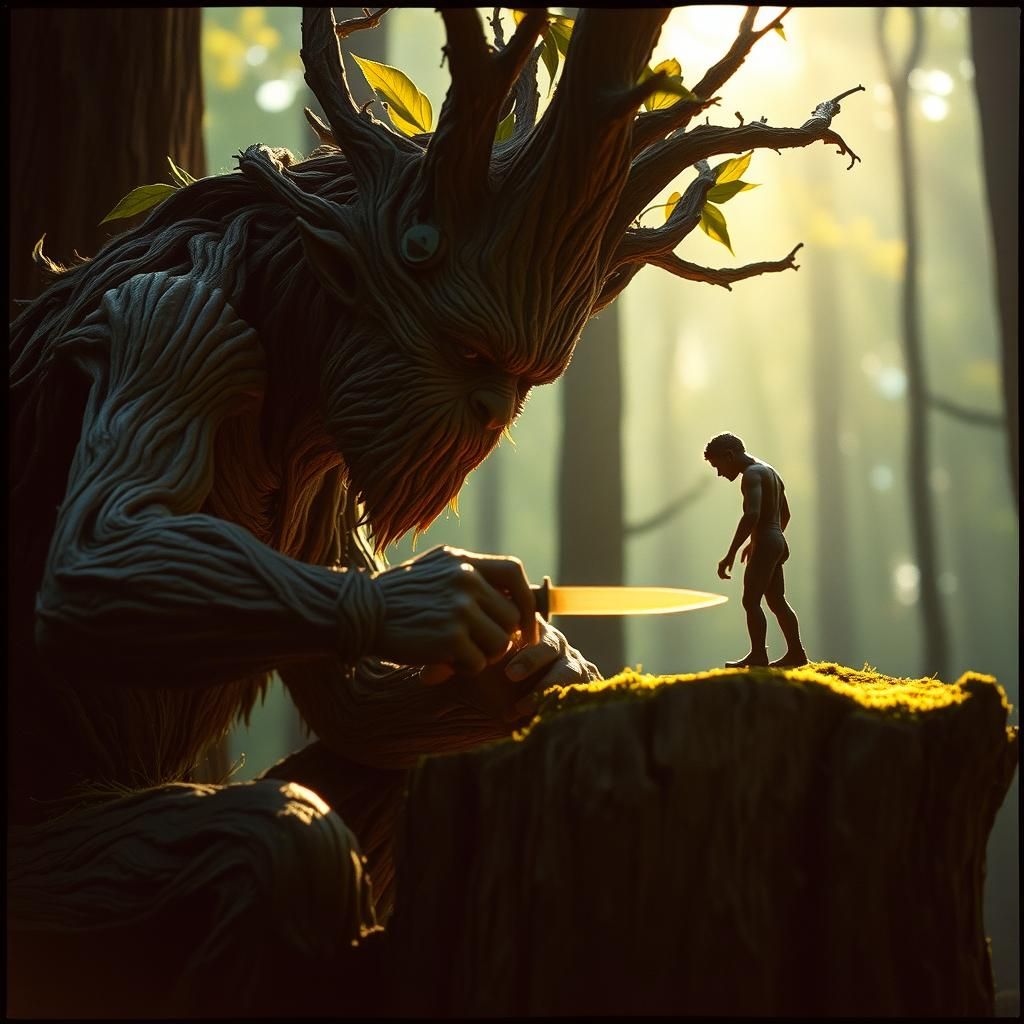 A Tree Carving A Wooden Man Out Of a Tree Stump