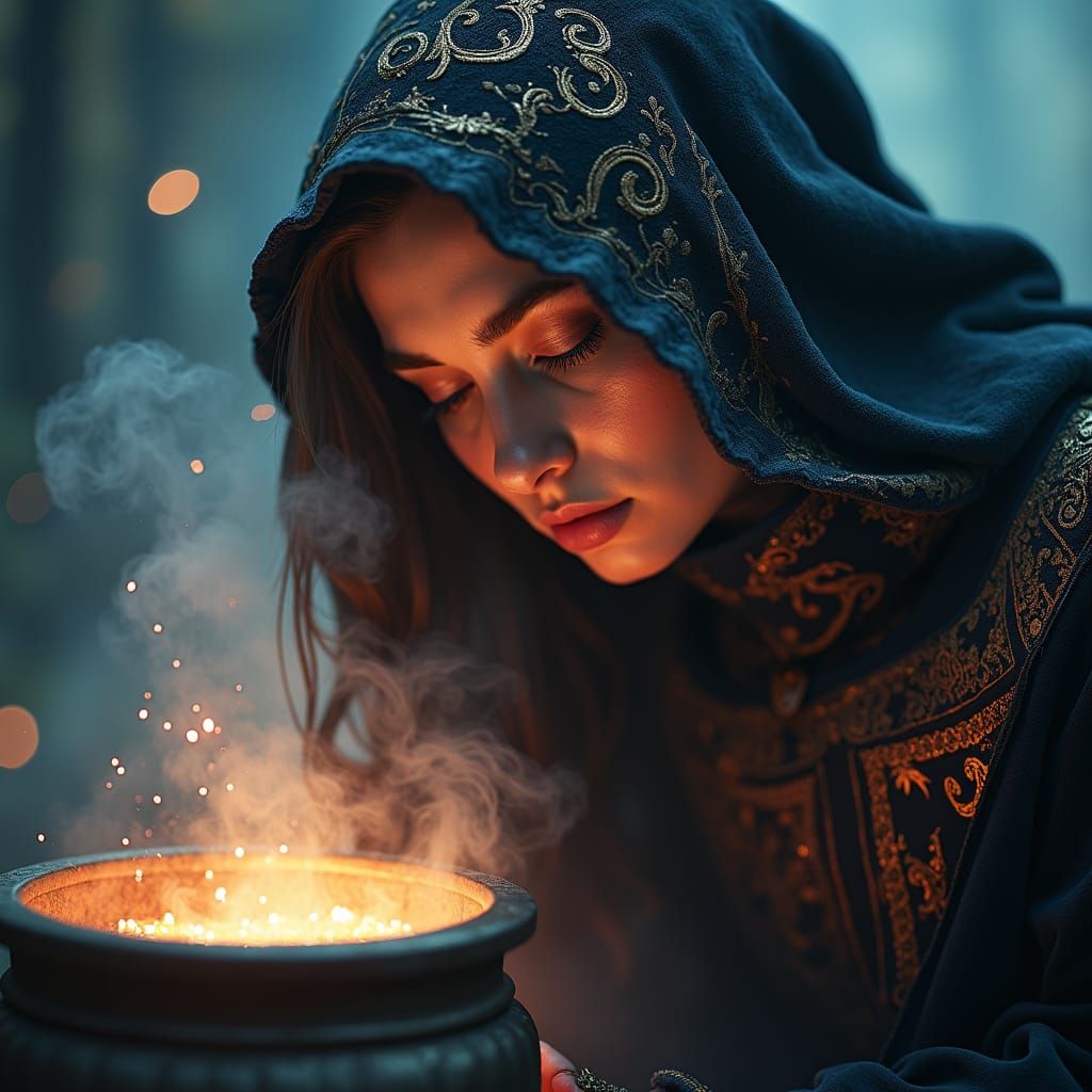 Mysterious Alchemist in Ethereal Glow, Digital Painting