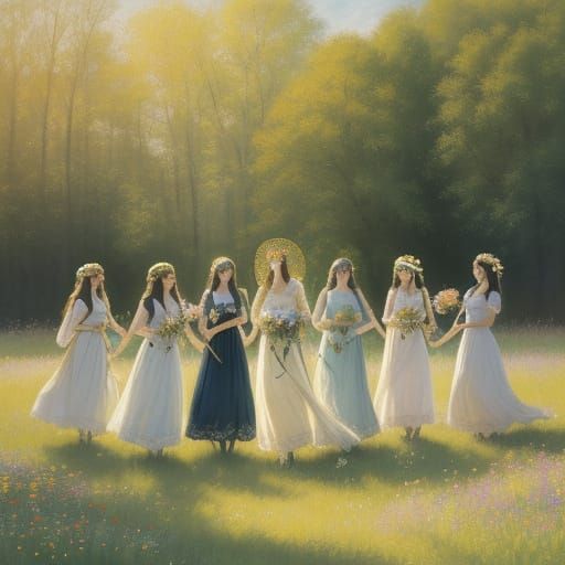 Serene Women Dance in Sunlit Meadow with Whimsical Wildflowe...