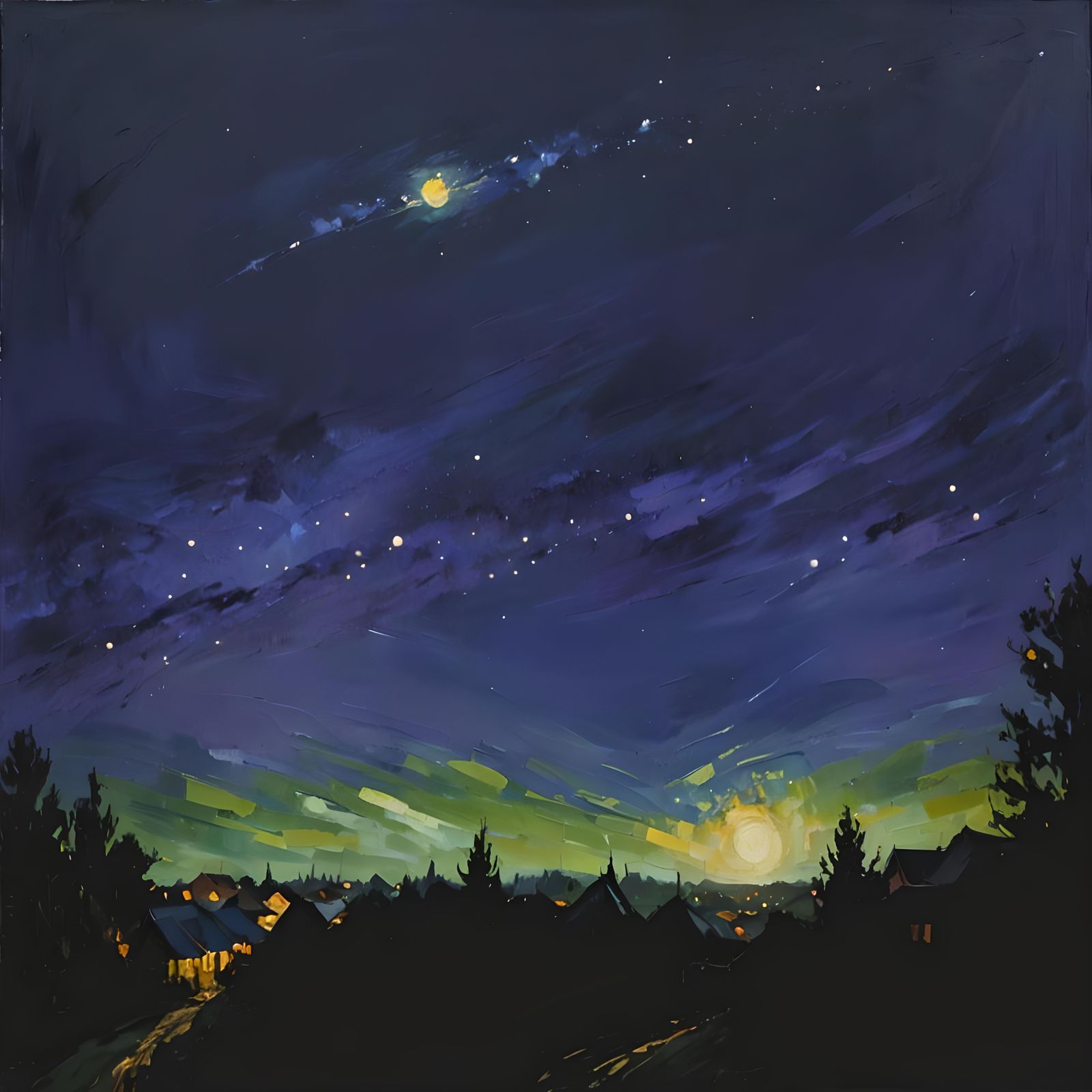 Night Village Under Falling Star: Expressionist Oil Painting
