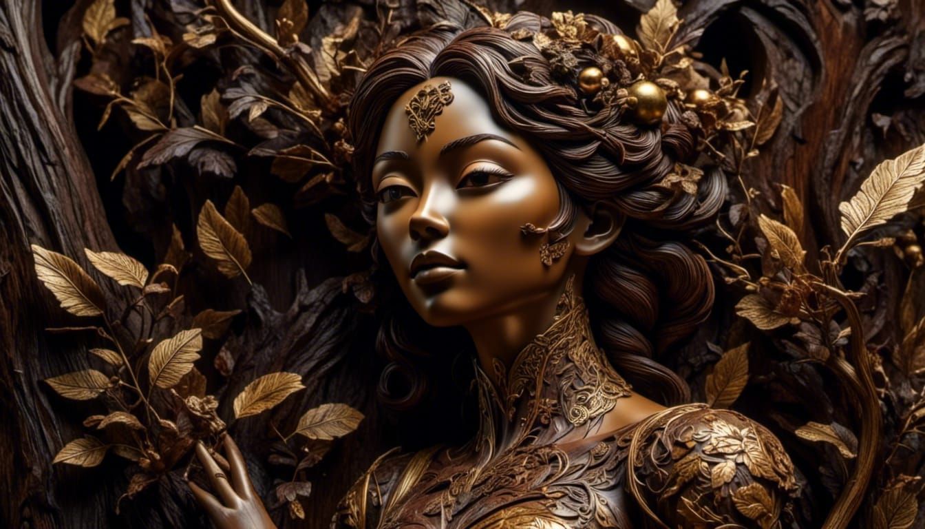 Baroque Woman Made of Wood with Bird