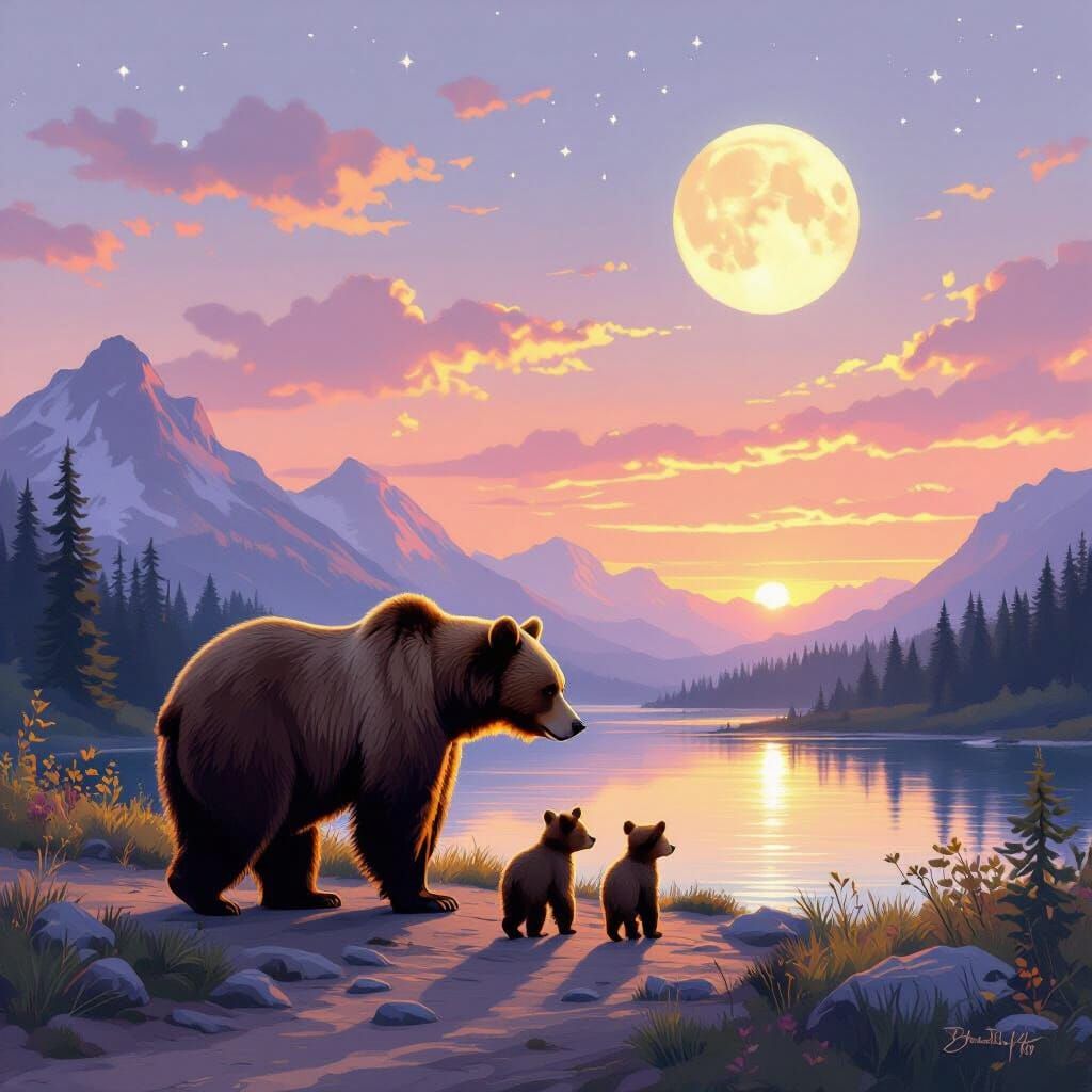 Serene Mountain Dawn with Bears in Bierstadt Style