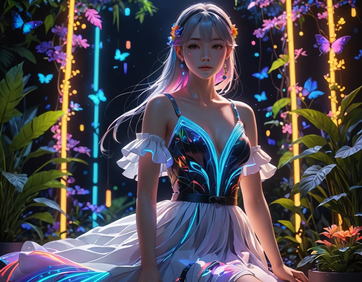 Rainbow Dress in Neon Light: 3D Anime Art