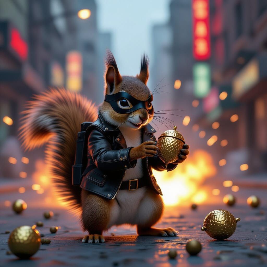 Squirrel's Daring Acorn Heist: Cinematic Cyberpunk Scene