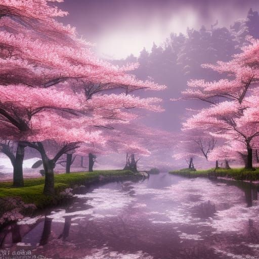 Cherry Blossom Winter Field in Detailed Matte Painting