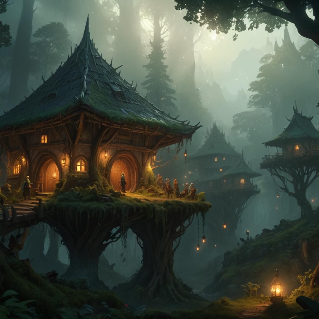 Elven Village in Forest: 3D Digital Art