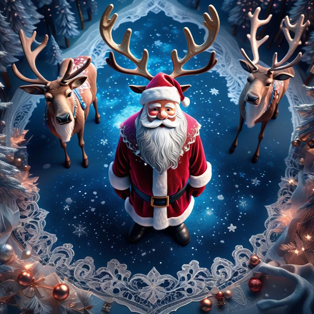 Santa and Reindeer in Fantasy Christmas Scene