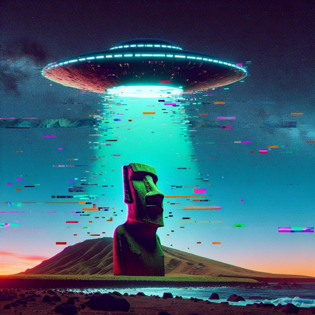 UFO over Easter Island in Glitch Art Style