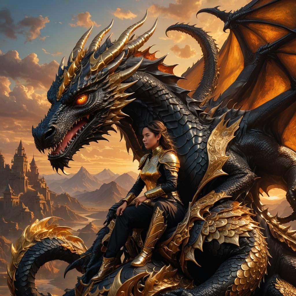 Woman on Dragon with Golden Ornaments: Splash Art