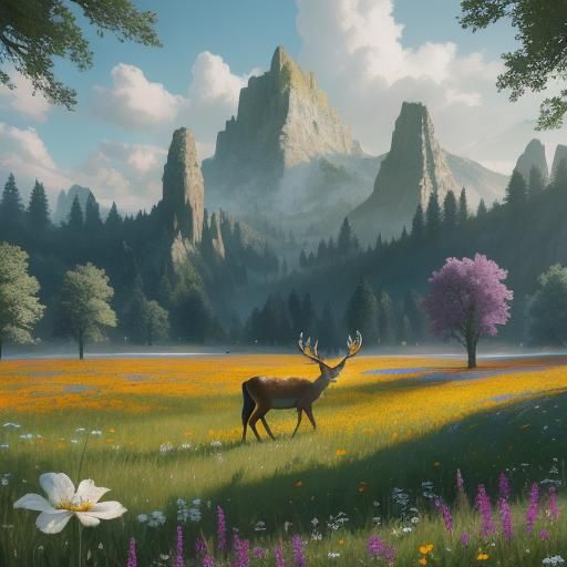Flower Meadow with Deer: Fantasy Concept Art