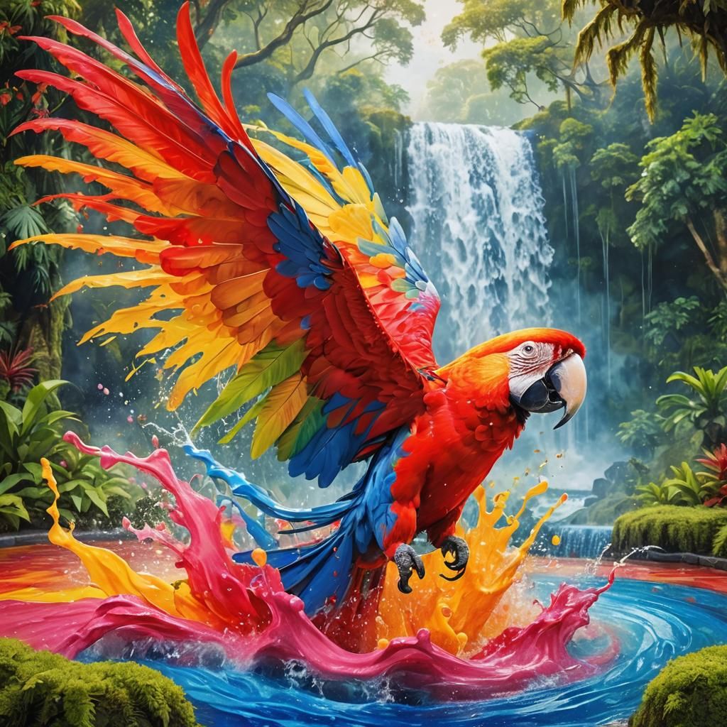 Scarlet Macaw Emerges from Colorful Pool