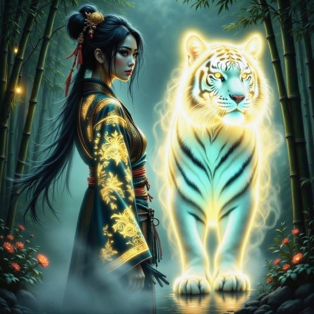 Geisha Samurai With Luminous Tiger in Misty Grove