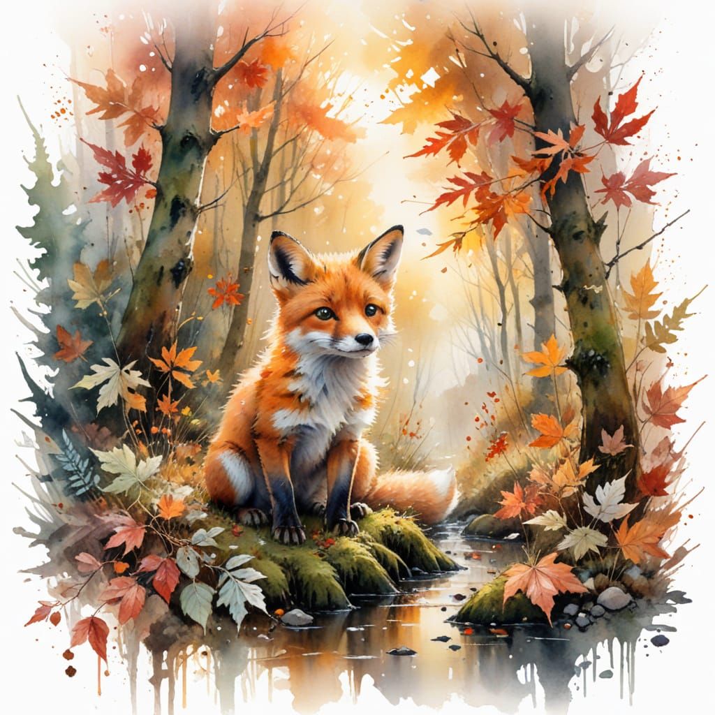 Fox Cub in Autumn Maple Grove: Watercolor Art