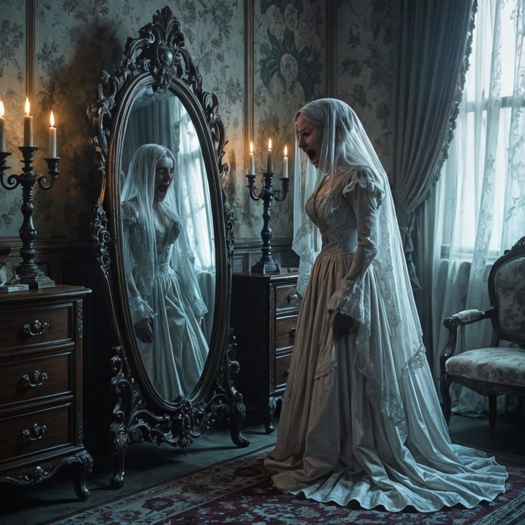 Ghostly Woman in Victorian Bedroom by Candlelight