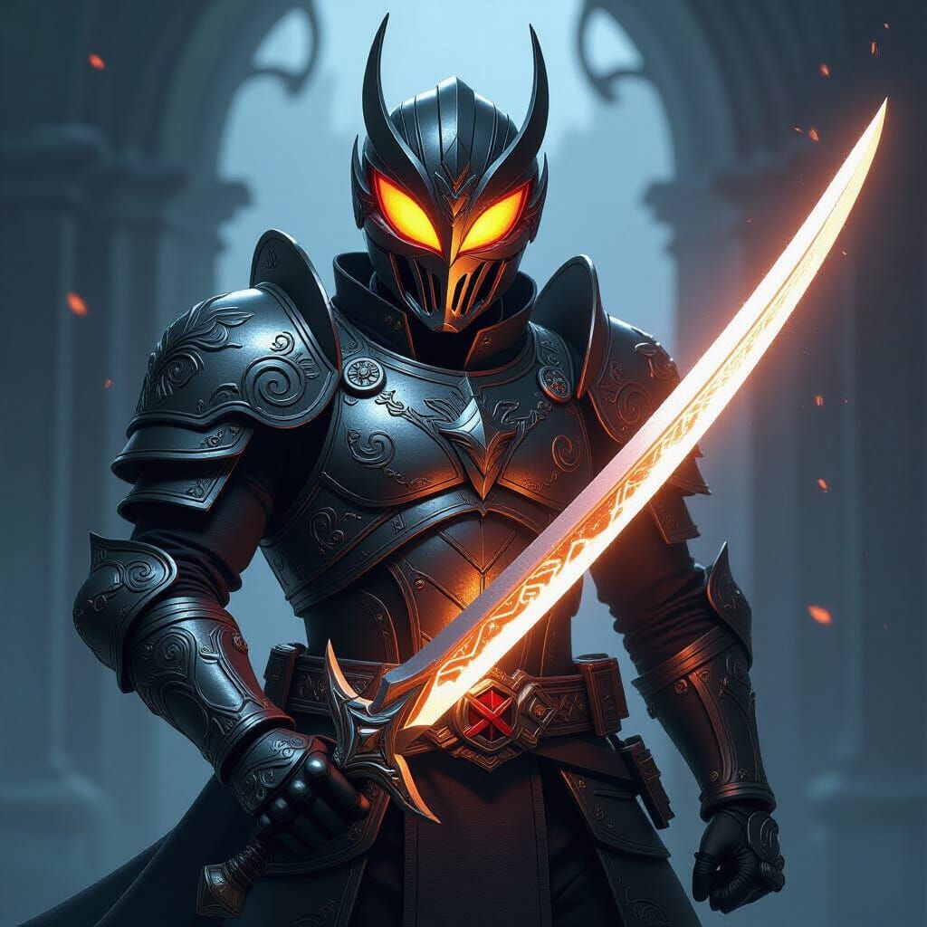 Kamen Rider in Detailed Medieval Armor with Glowing Sword
