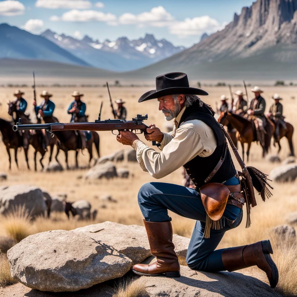 Pioneer Cowboy Aims Rifle at Approaching Apache War Party