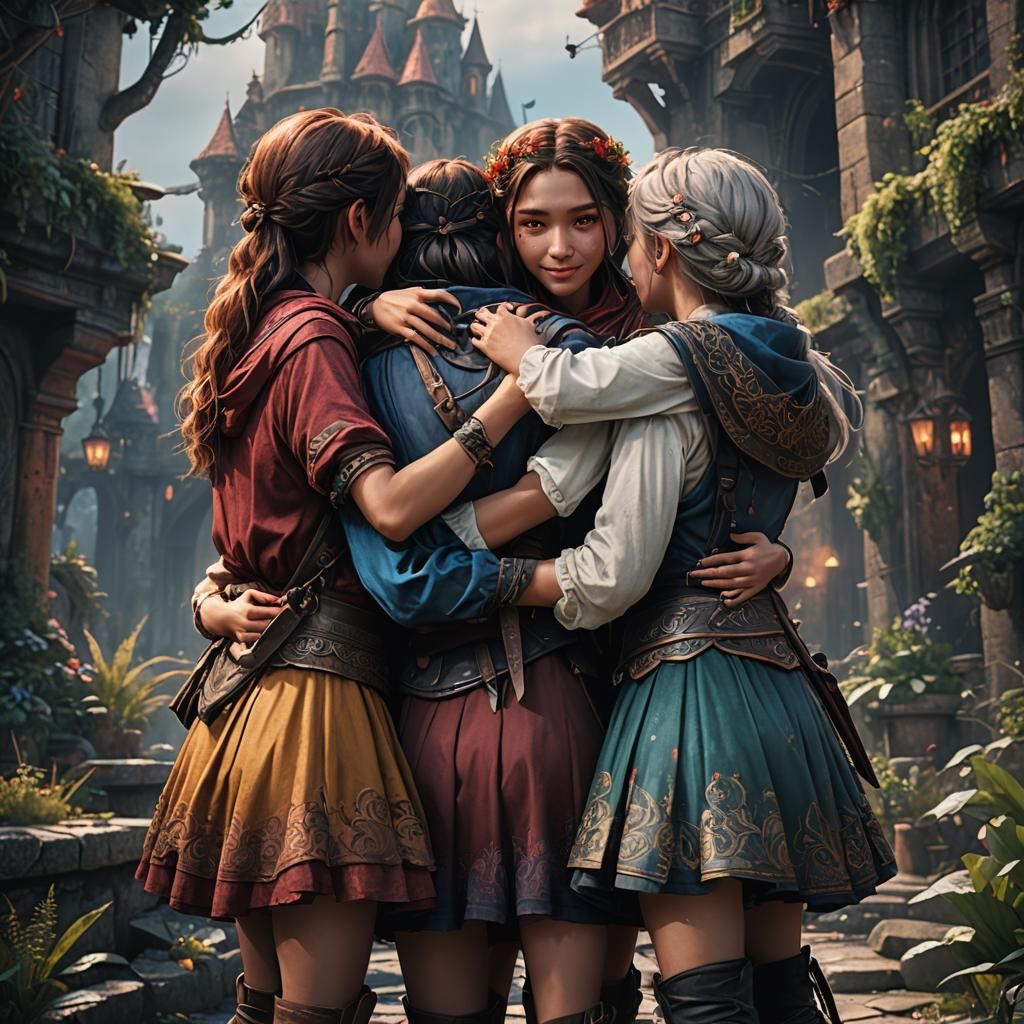 Three Girls Embracing: Detailed Fantasy Art