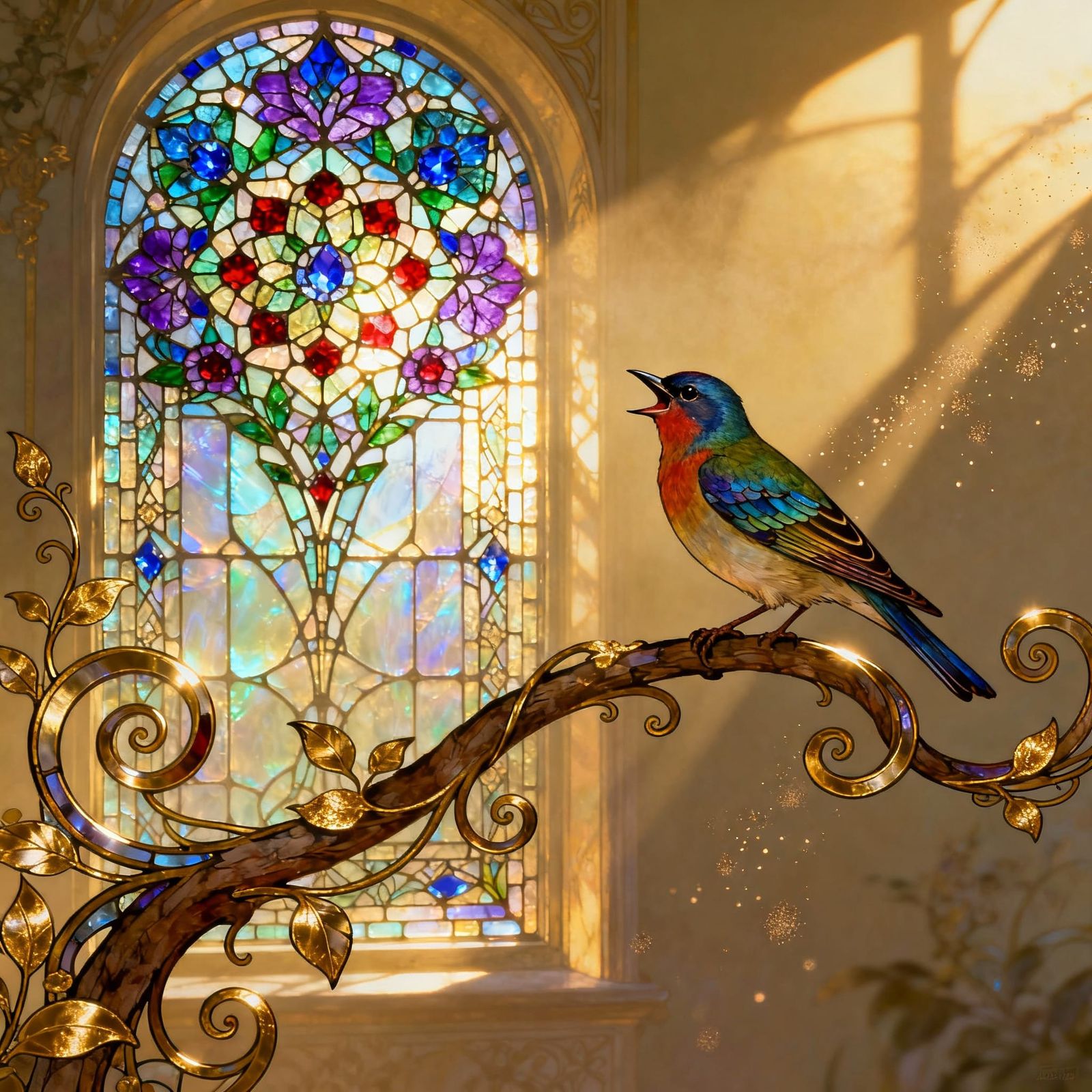 Vibrant Songbird Sings Before Luminous Art Nouveau Window