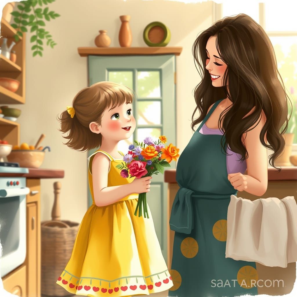 Child Surprises Mom with Vibrant Blooms in Whimsical Kitchen