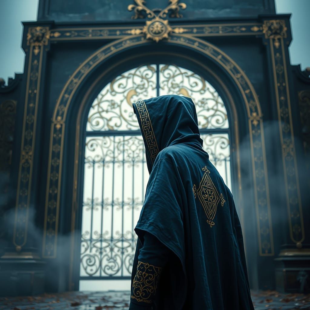 Traveler at Threshold Archive Gate in Dreamlike Style